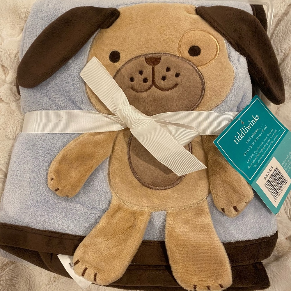 NWT Tiddliwinks Blue Brown Puppy Dog Fleece Baby Boy Applique Blanket